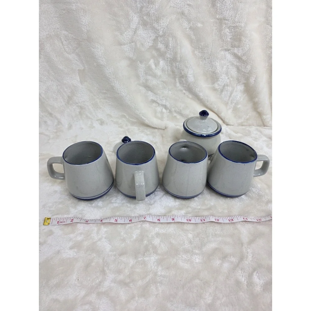 Ceramic Mug‎ Set Sugar Bowl Coffee Tea Cups Blue Rim Vintage Kitchenware